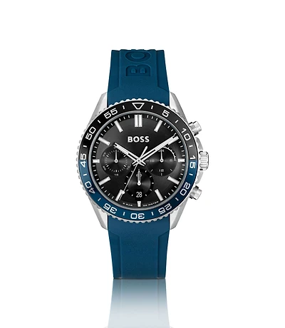 Black-dial chronograph watch with blue silicone strap