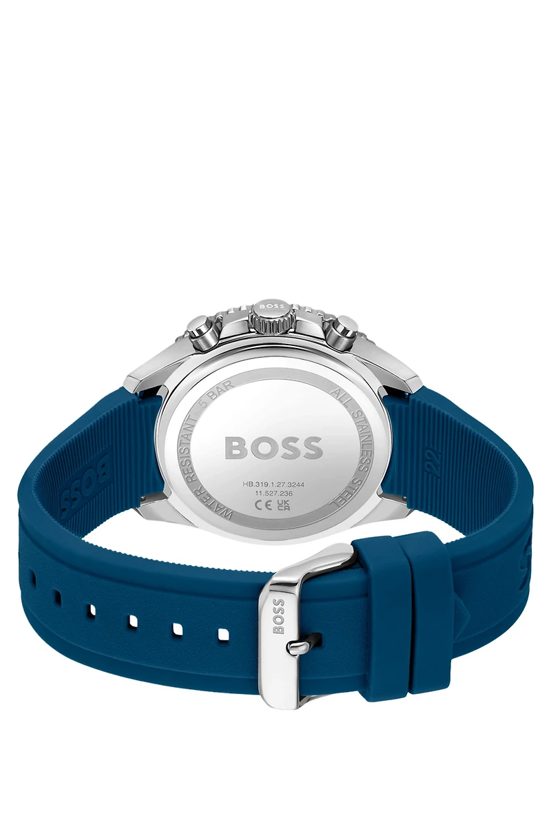 Black-dial chronograph watch with blue silicone strap