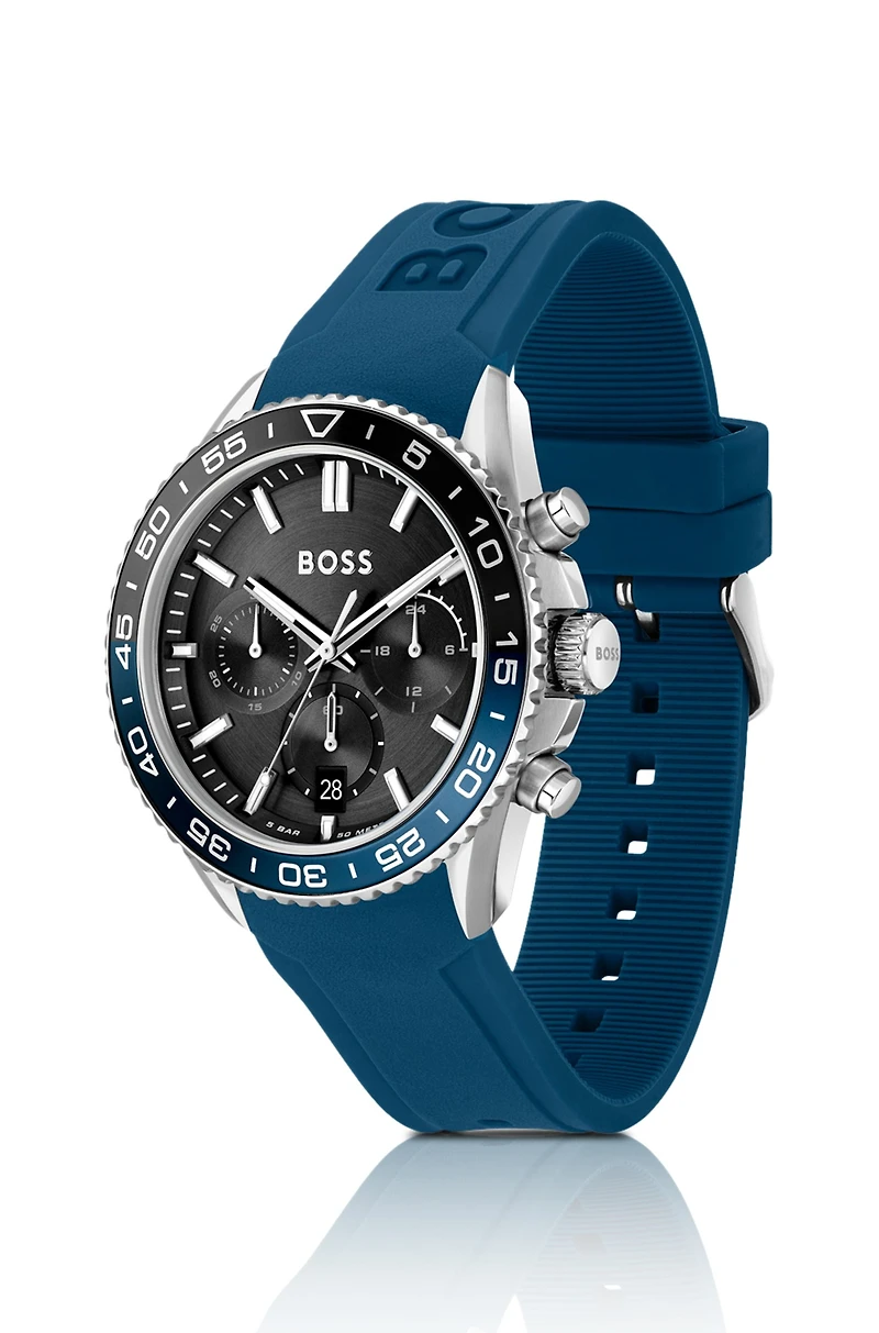 Black-dial chronograph watch with blue silicone strap