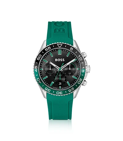 Black-dial chronograph watch with silicone strap