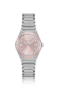 Pink-dial watch with crystal indexes and link bracelet