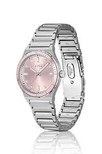 Pink-dial watch with crystal indexes and link bracelet