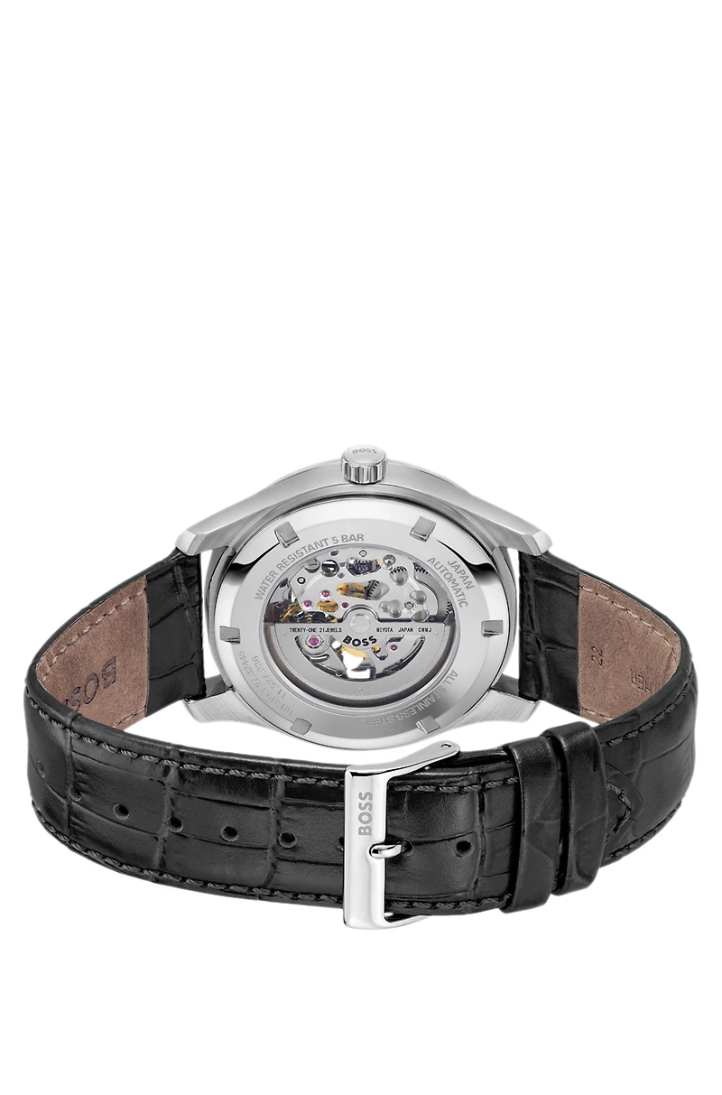 Leather-strap watch with skeleton Japanese automatic movement