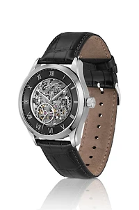 Leather-strap watch with skeleton Japanese automatic movement