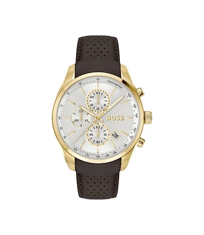 GRAND PRIX 44 Gold-tone chronograph watch with perforated leather strap