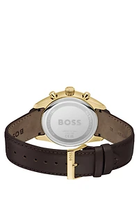 Gold-tone chronograph watch with perforated leather strap
