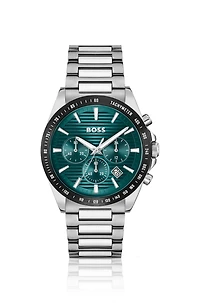 Link-bracelet chronograph watch with green grooved dial
