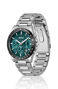 Link-bracelet chronograph watch with green grooved dial
