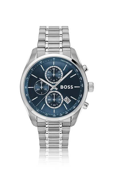 Silver-tone chronograph watch with blue dial