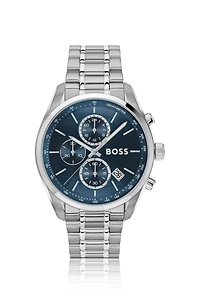 Silver-tone chronograph watch with blue dial