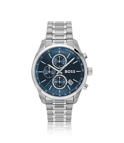 Blue-dial chronograph watch in silver-tone steel
