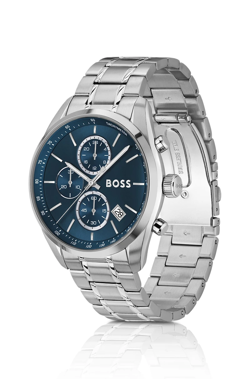 Silver-tone chronograph watch with blue dial
