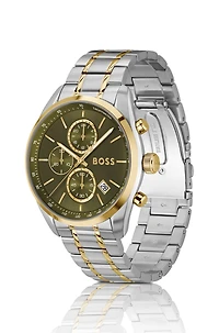 Two-tone chronograph watch with olive dial