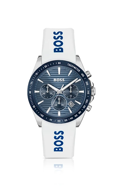 Grooved-dial chronograph watch with silicone logo strap