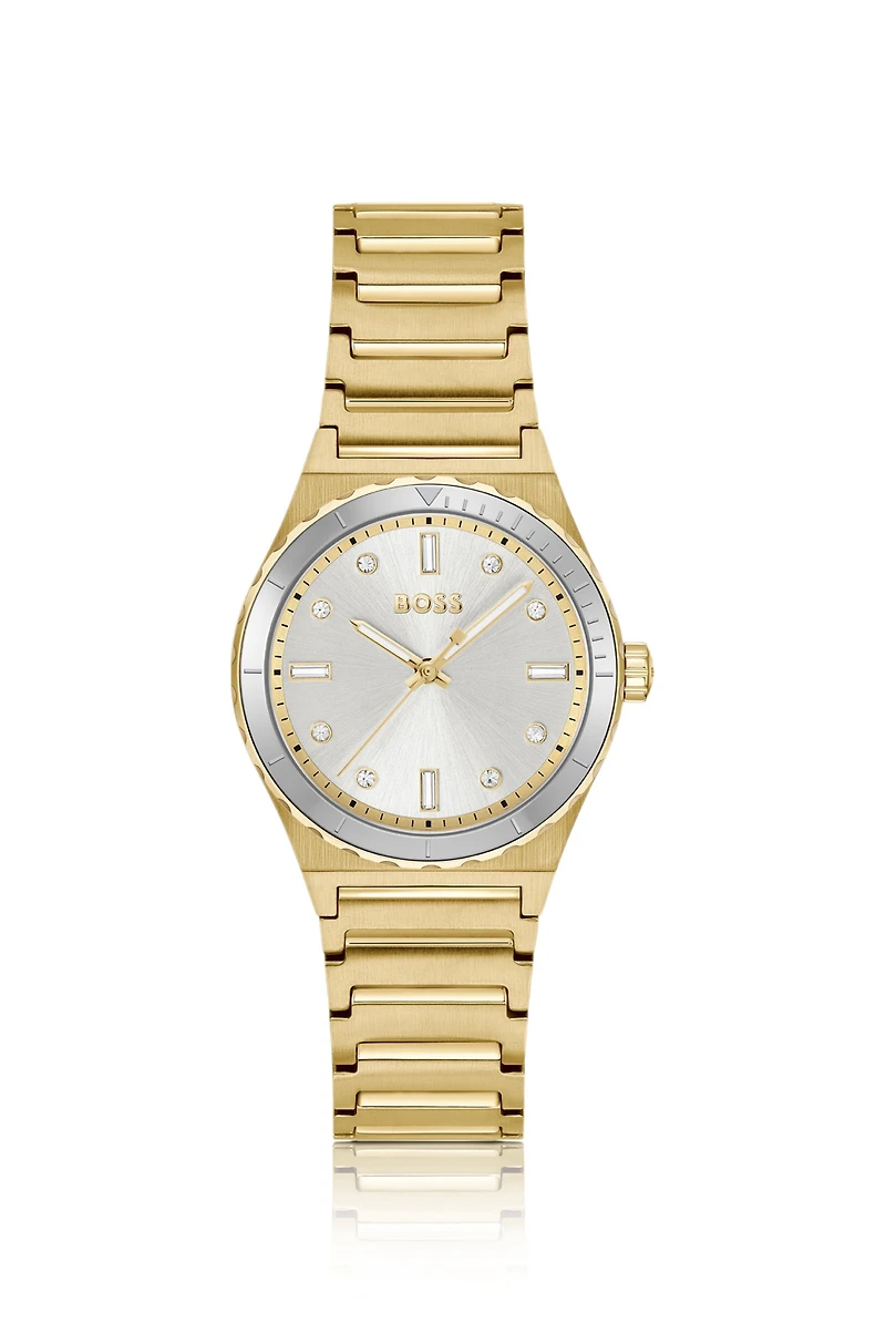 Gold-tone watch with crystal indexes and link bracelet
