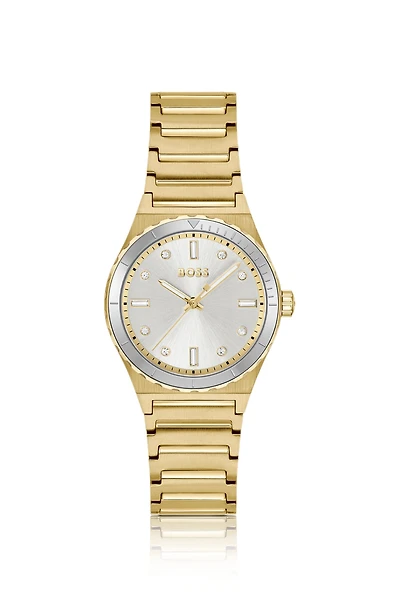 Gold-tone watch with crystal indexes and link bracelet