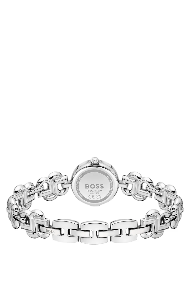 Silver-tone watch with monogram-link bracelet