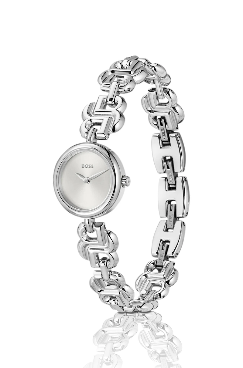 Silver-tone watch with monogram-link bracelet