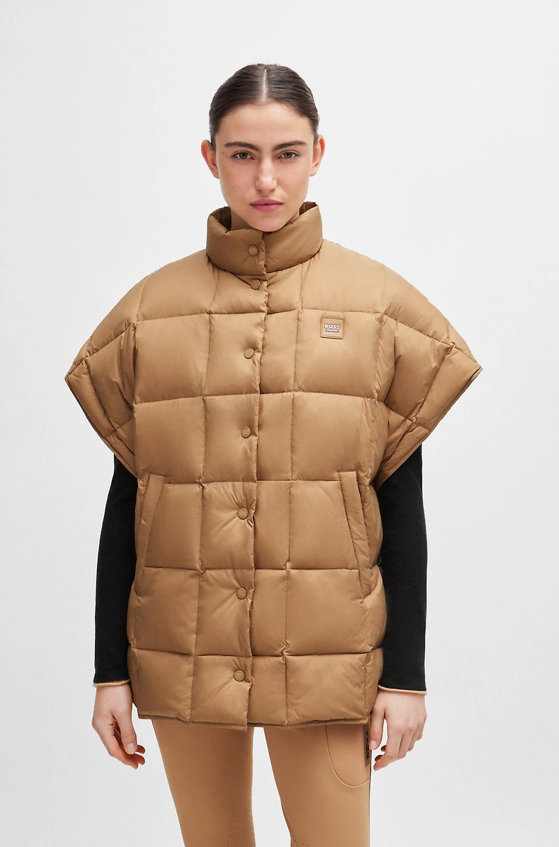 Equestrian down cape with fleece-lined pockets