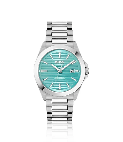 STRIKE Silver-tone watch with grooved turquoise dial