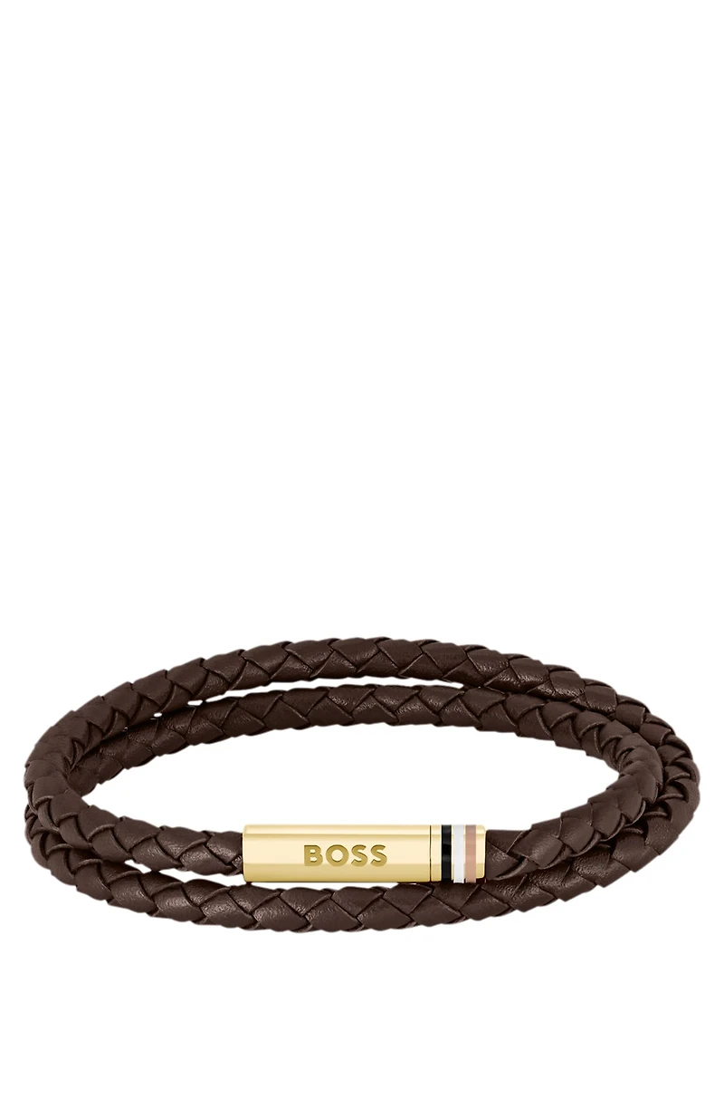 Brown braided-leather cuff with logo closure