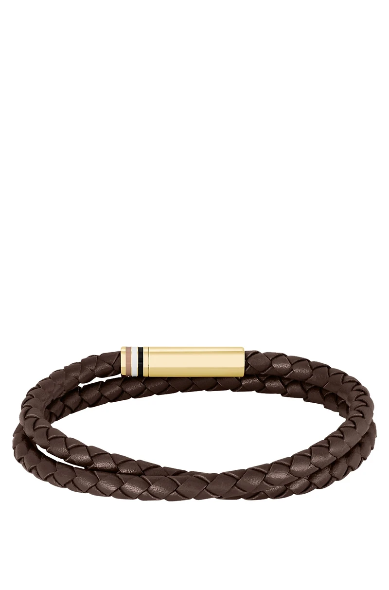Brown braided-leather cuff with logo closure