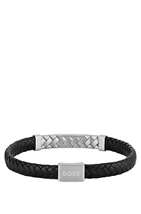 Black braided-leather cuff with herringbone hardware