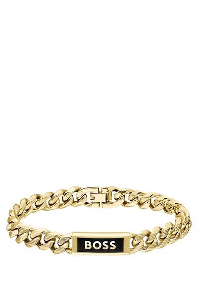 Gold-tone cuff with ink-filled logo plate