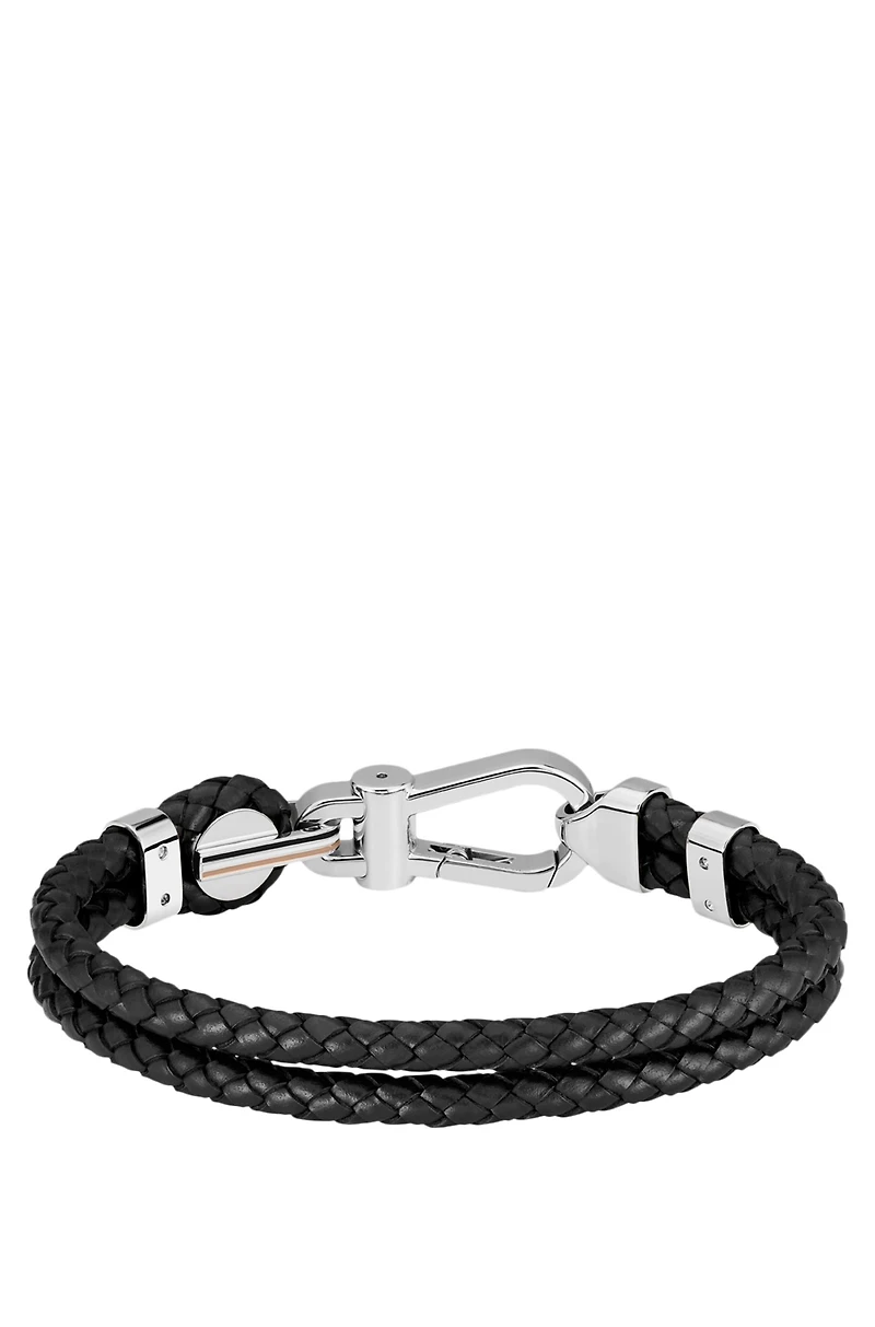 Black braided-leather cuff with silver-tone carabiner closure