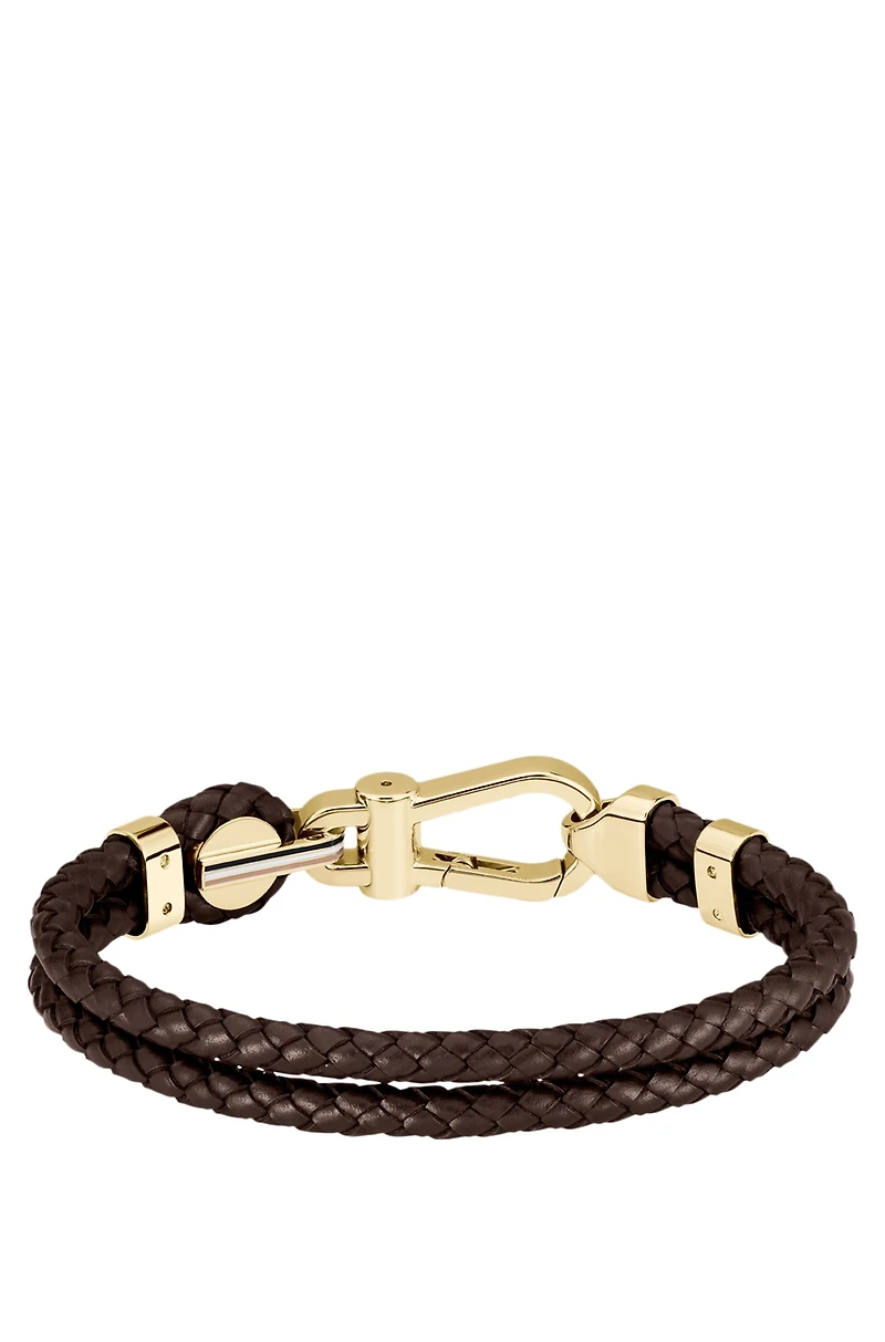 Brown braided-leather cuff with gold-tone carabiner closure