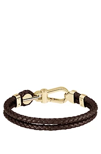 Brown braided-leather cuff with gold-tone carabiner closure