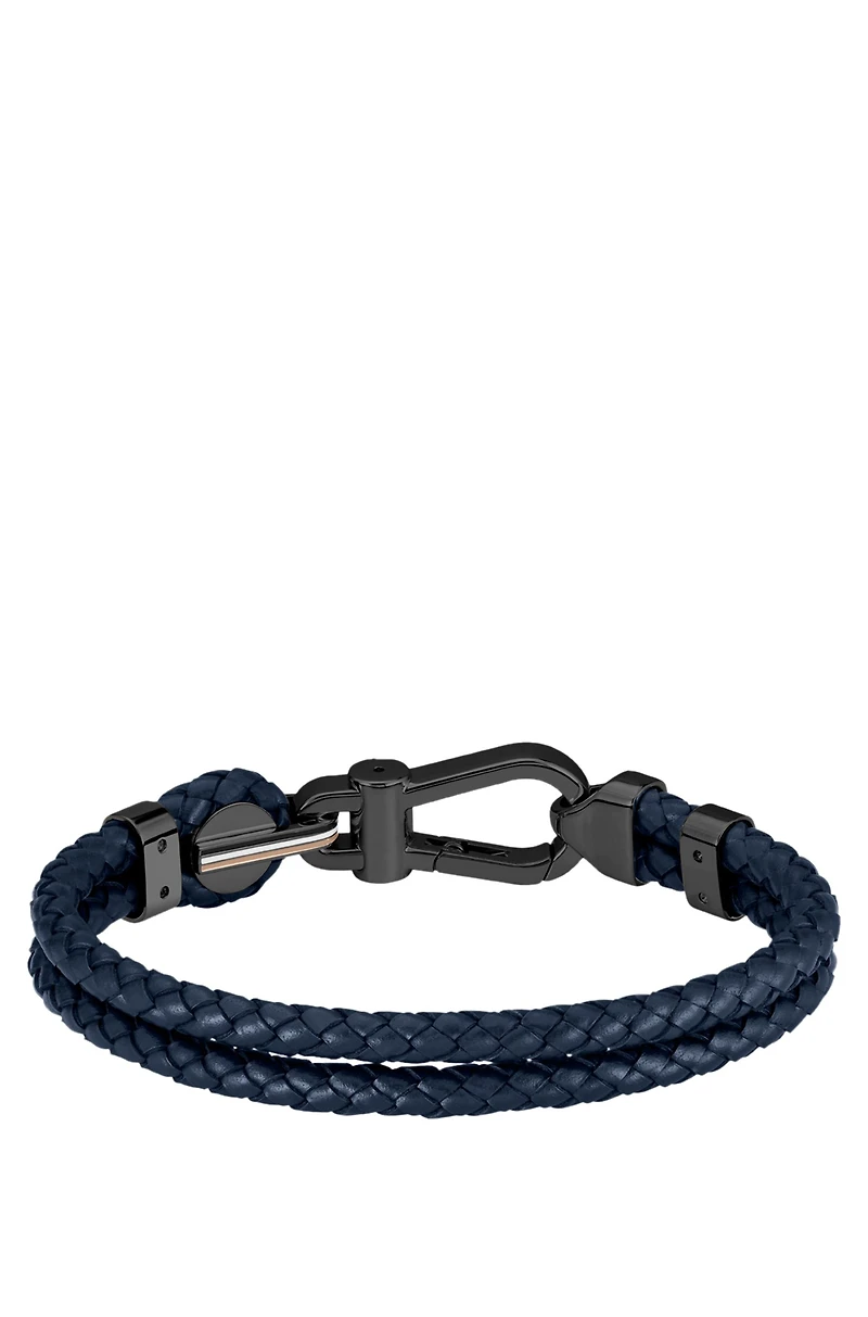 Blue braided-leather cuff with black carabiner closure