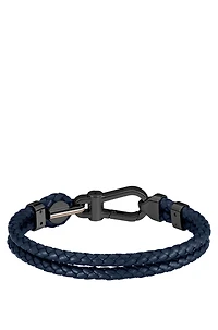 Blue braided-leather cuff with black carabiner closure