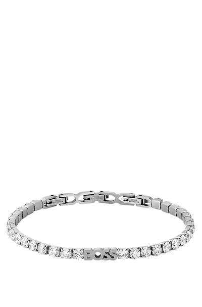 Silver-tone cuff with logo and crystals