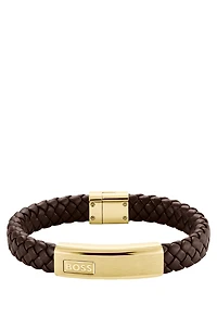 Brown braided-leather cuff with gold-tone logo plate
