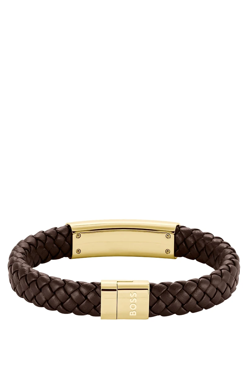 Brown braided-leather cuff with gold-tone logo plate