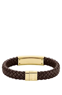 Brown braided-leather cuff with gold-tone logo plate