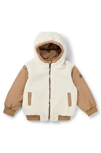 Kids' reversible hooded jacket twill and sherpa fleece