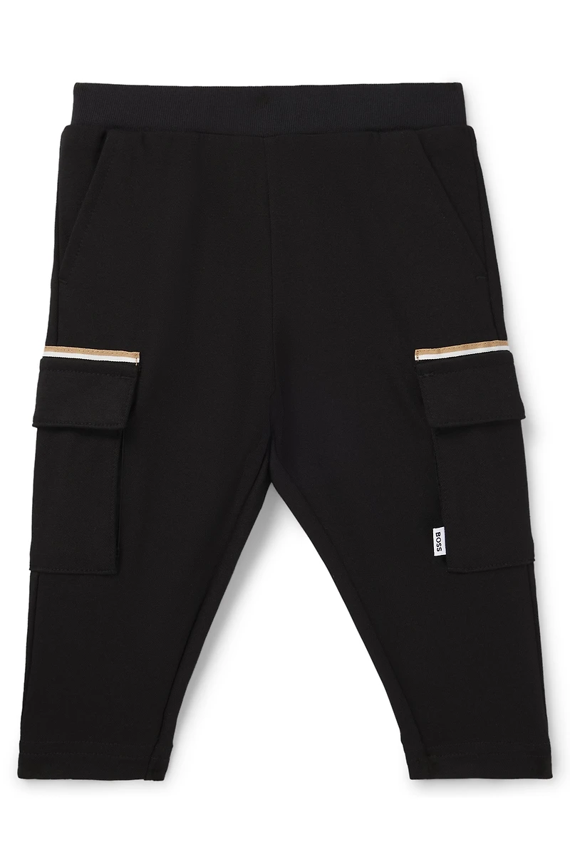 Kids' cargo trousers stretch piqué with logo label