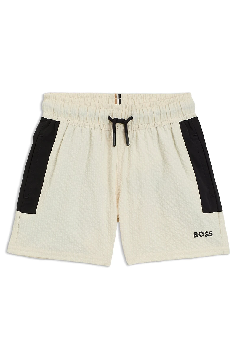 Kids' swim shorts seersucker fabric with logo print