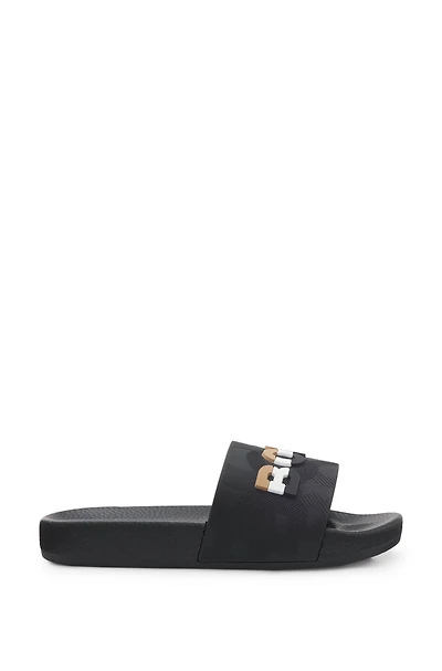 Kids' slides with signature-stripe logo