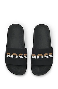 Kids' slides with signature-stripe logo