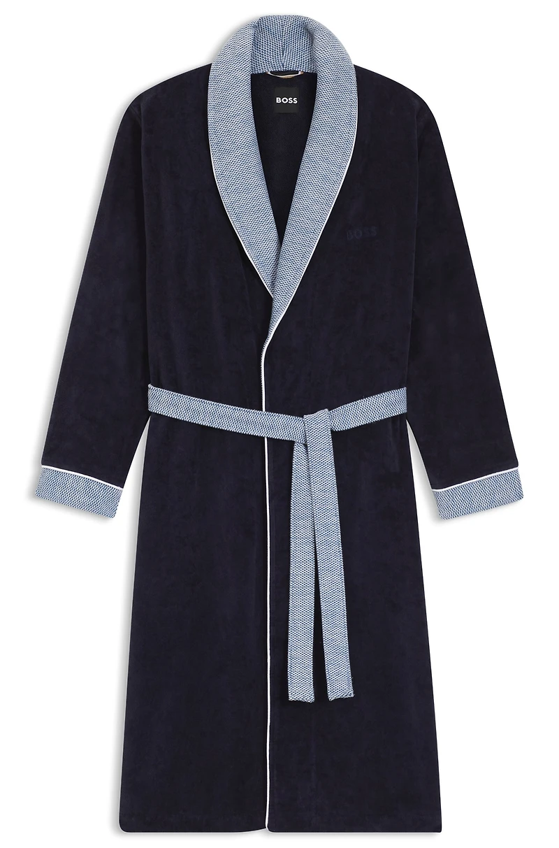 Navy cotton-velvet dressing gown with embroidered logo