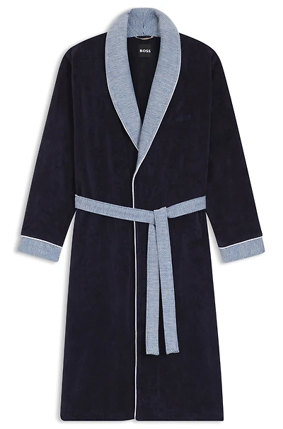 Navy cotton-velvet dressing gown with embroidered logo
