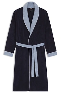 Navy cotton-velvet dressing gown with embroidered logo
