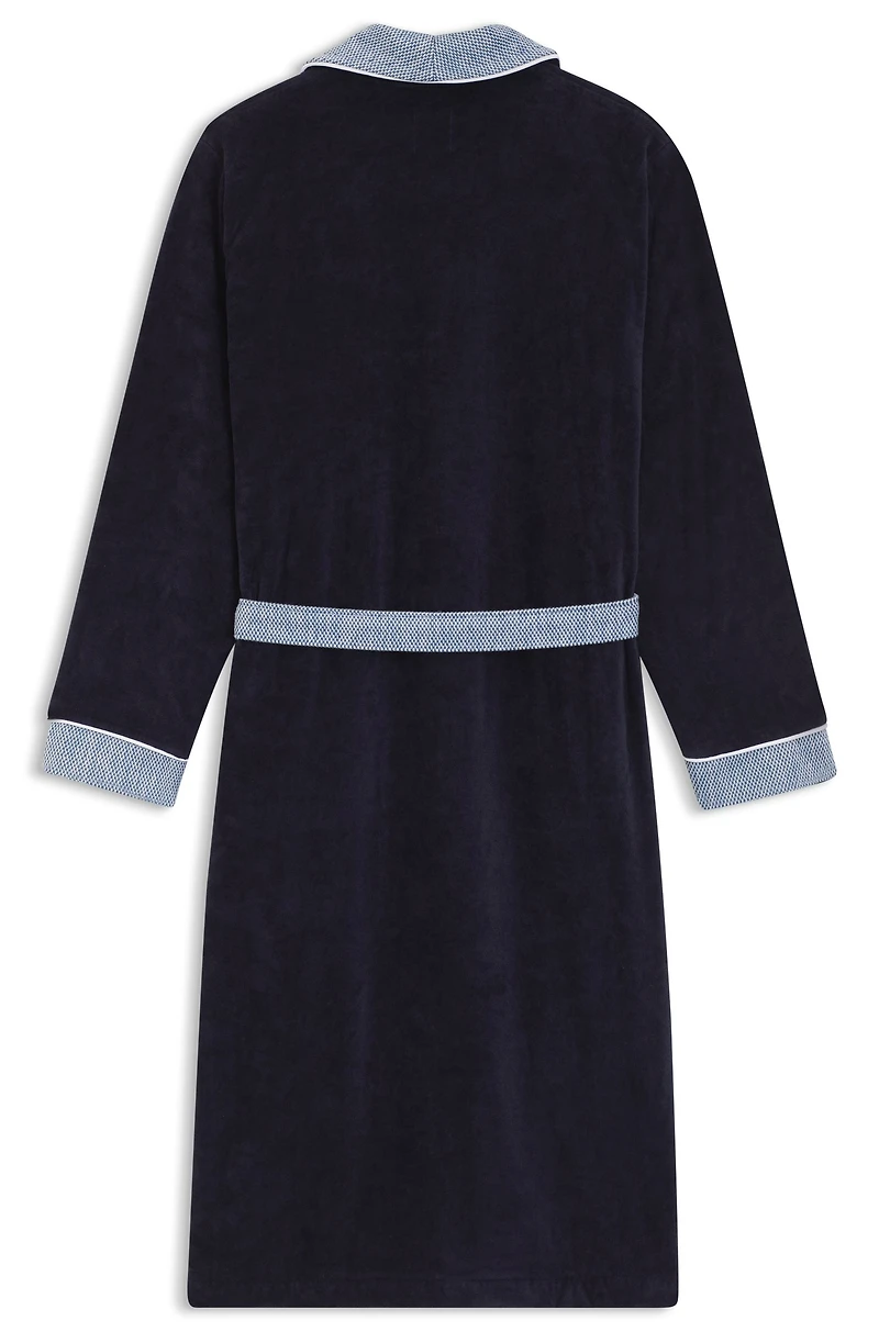 Navy cotton-velvet dressing gown with embroidered logo