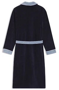 Navy cotton-velvet dressing gown with embroidered logo