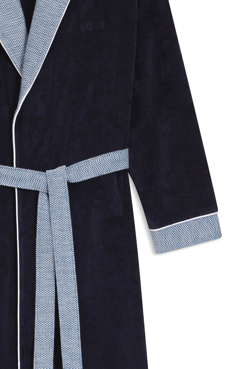 Navy cotton-velvet dressing gown with embroidered logo