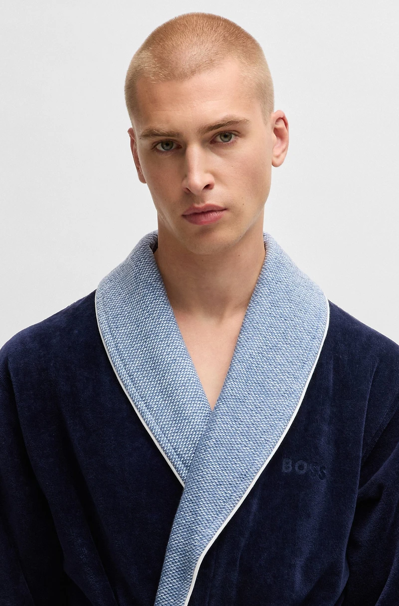Navy cotton-velvet dressing gown with embroidered logo
