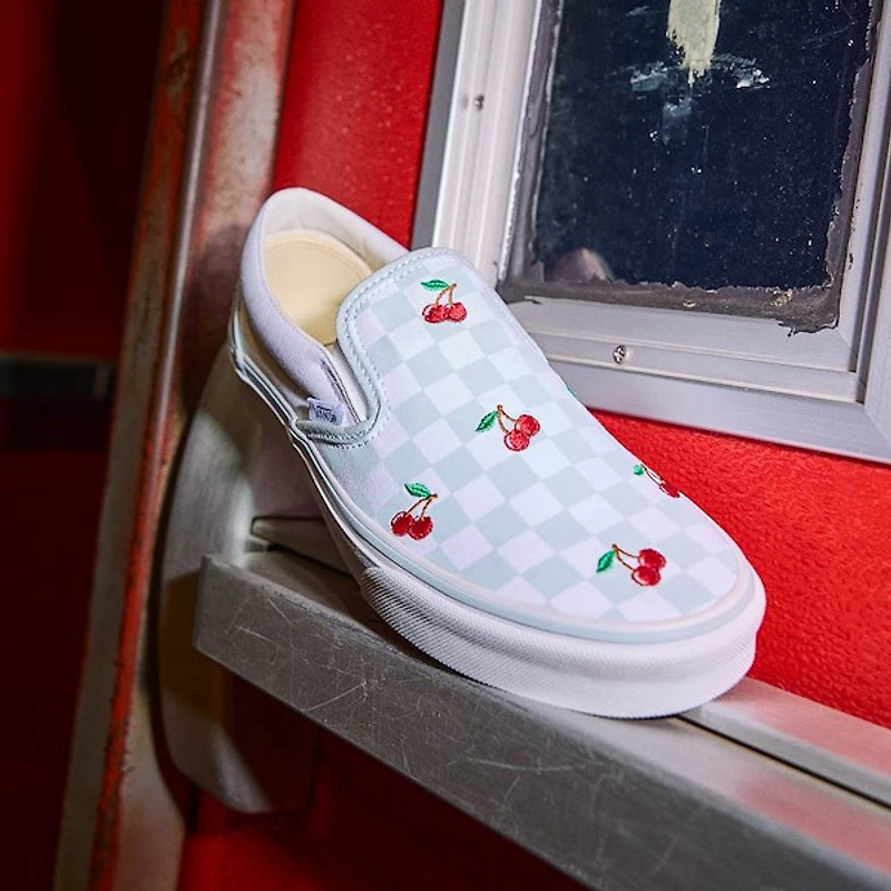 Vans Classic Slip-On Cherries & Checkers Skate Shoe - Light Blue / True White